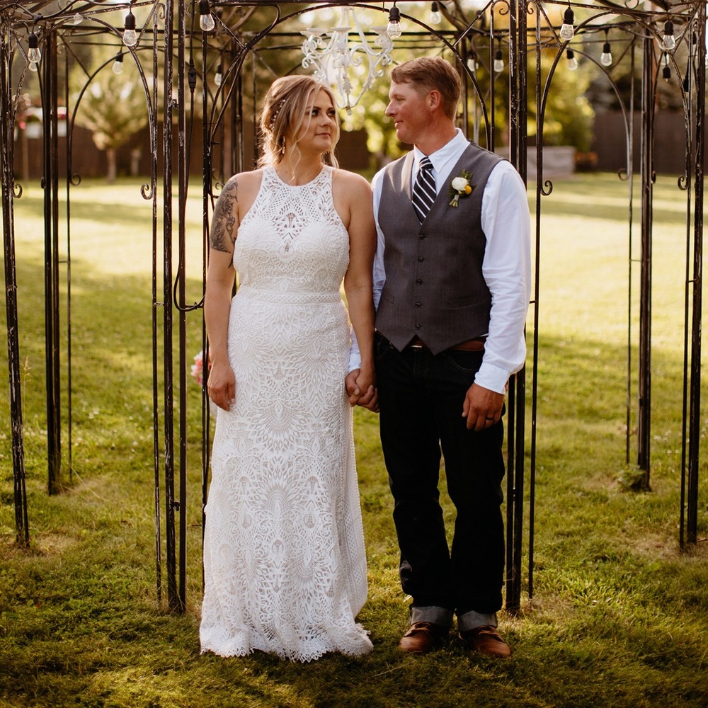 Lillian West bohemian wedding dress; style #66055